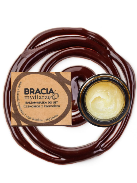 Balsam-maska do ust Czekolada z karmelem 15 ml na tle cpłynnej zekolady Balsam-maska do ust Czekolada z karmelem 15 ml na tle cpłynnej zekolady