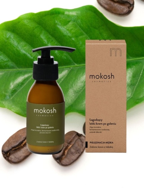 Łagodzący lekki krem po goleniu Zielona kawa z tabaką 90 ml – Mokosh, w tle liść i zarna kawy