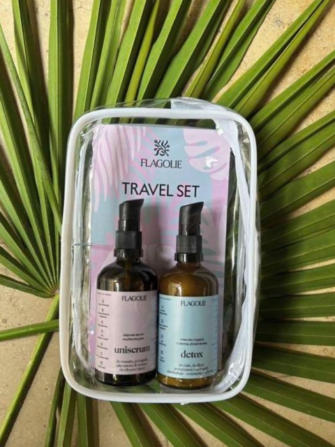 ravel Set – wakacyjnt zestw podróżny – Dertox + Uniserum – Flagolie, kosmetyczka