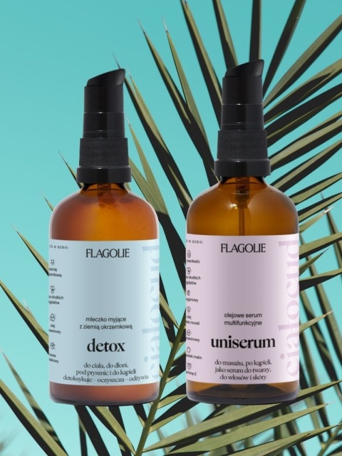ravel Set – wakacyjnt zestw podróżny – Dertox + Uniserum – Flagolie, w tle liść palmy