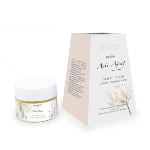 Krem Anti-Aging Vege Retinol & Vitamin Cocktail + HA 50 ml – Bioetiq, produkt i kartonik