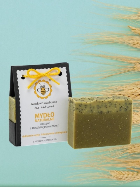 Mydło naturalne Konopie z młodym jęczmieniem  95 g, w tle kłos jęczmienia
