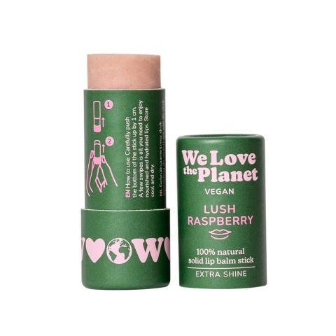 Naturalny, wegański balsam do ust Lush Raspberry (Velvet Shine) intensywny blask 4,9 g – We Love The Planet, otwarty kartonik