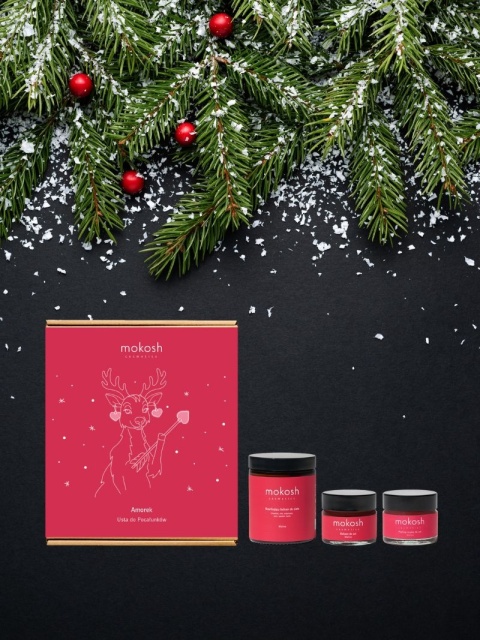 Zestaw Amor usta do pocałunków (Malina) – prezentacja z gałązkami świerku