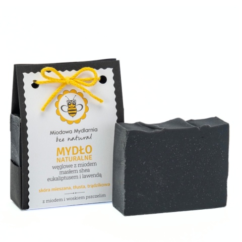 Mydło mydło naturalne Węglowe, z miodem, masłem shea, eukaliptusem i lawendą100 g – kartonik i mydło